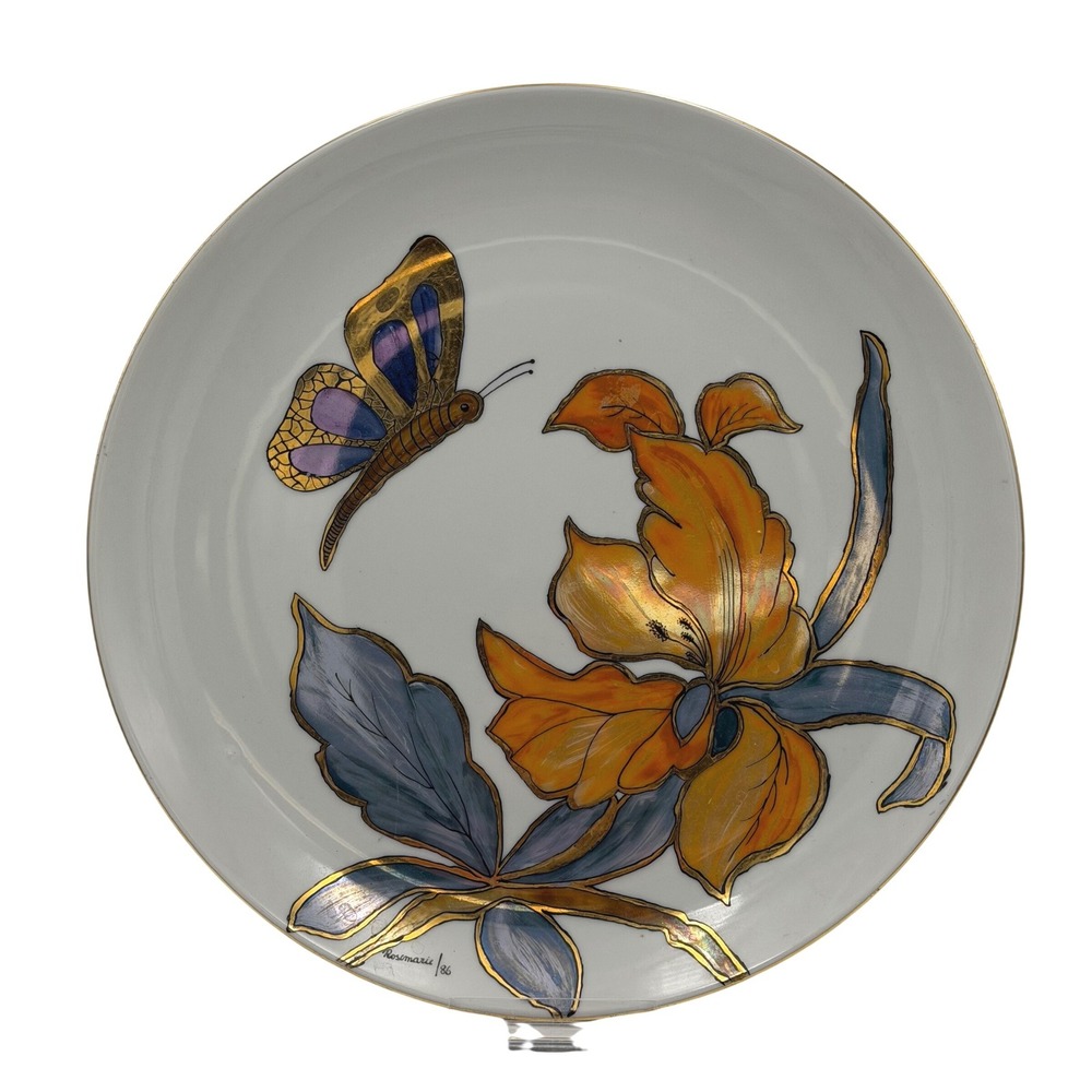 Vtg Diamante Hand Painted Butterfly Flower Floral Porcelain Plate Gold 1986 10in
